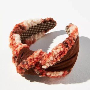 NEW Anthropologie Plaid Sherpa-Trimmed Knotted Headband ORANGE color